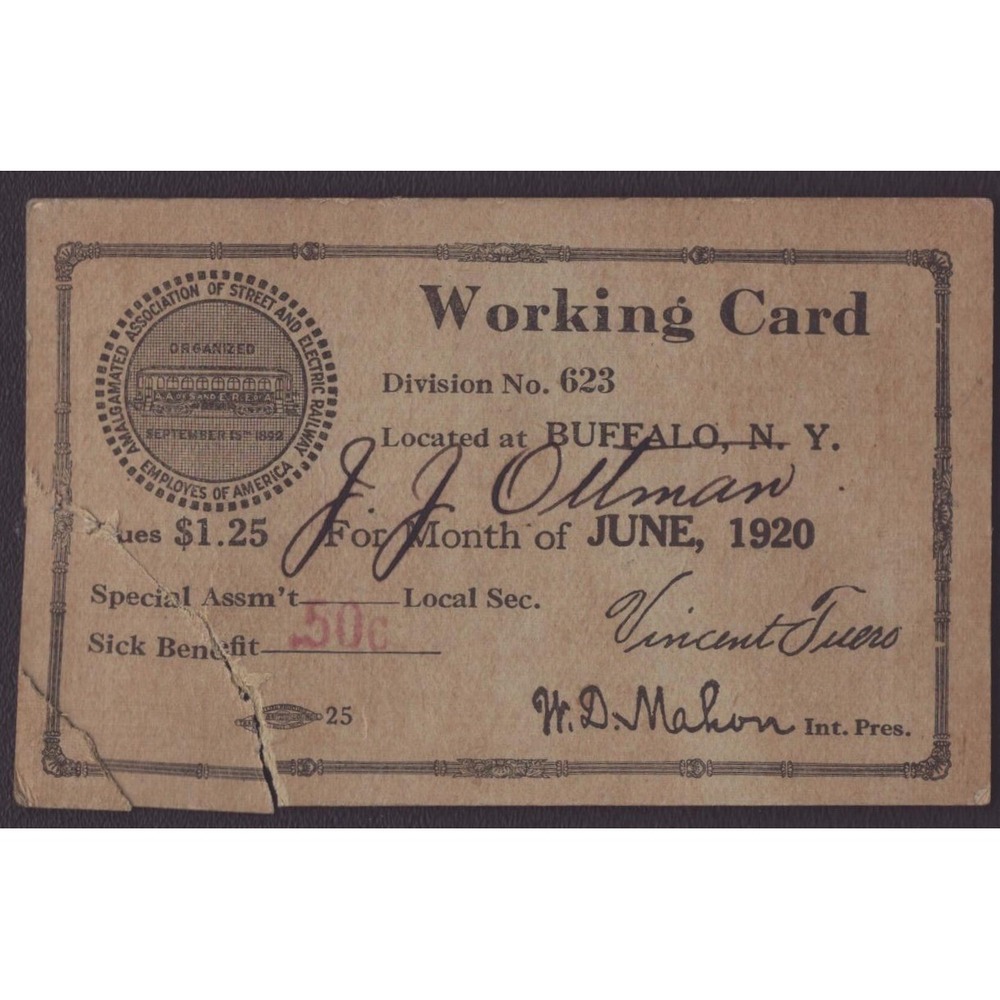1920 Amalgamated Association Street Electric Railway Union Working Card Buffalo - Picture 1 of 2